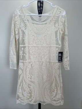 Express Cream Embroidered Long Sleeve Sheer Shift Dress